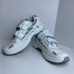 VIONIC TABI White Blue Stripes 11 Leather Orthaheel Hook and Loop Sneaker Shoes